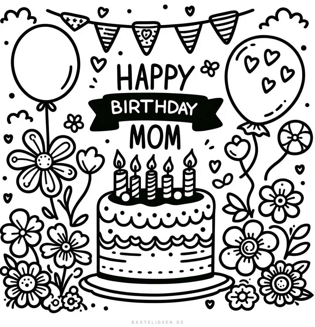 Happy Birthday Mom Banner mit Torte und Luftballons