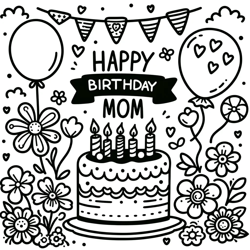 Happy Birthday Mom Banner mit Torte und Luftballons