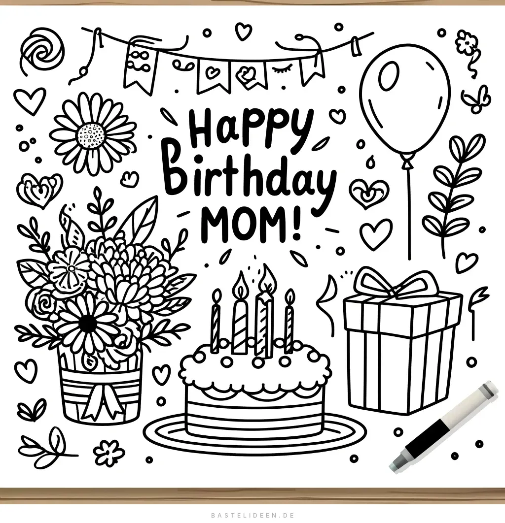 Happy Birthday Mom mit Torte und Blumenstrauss