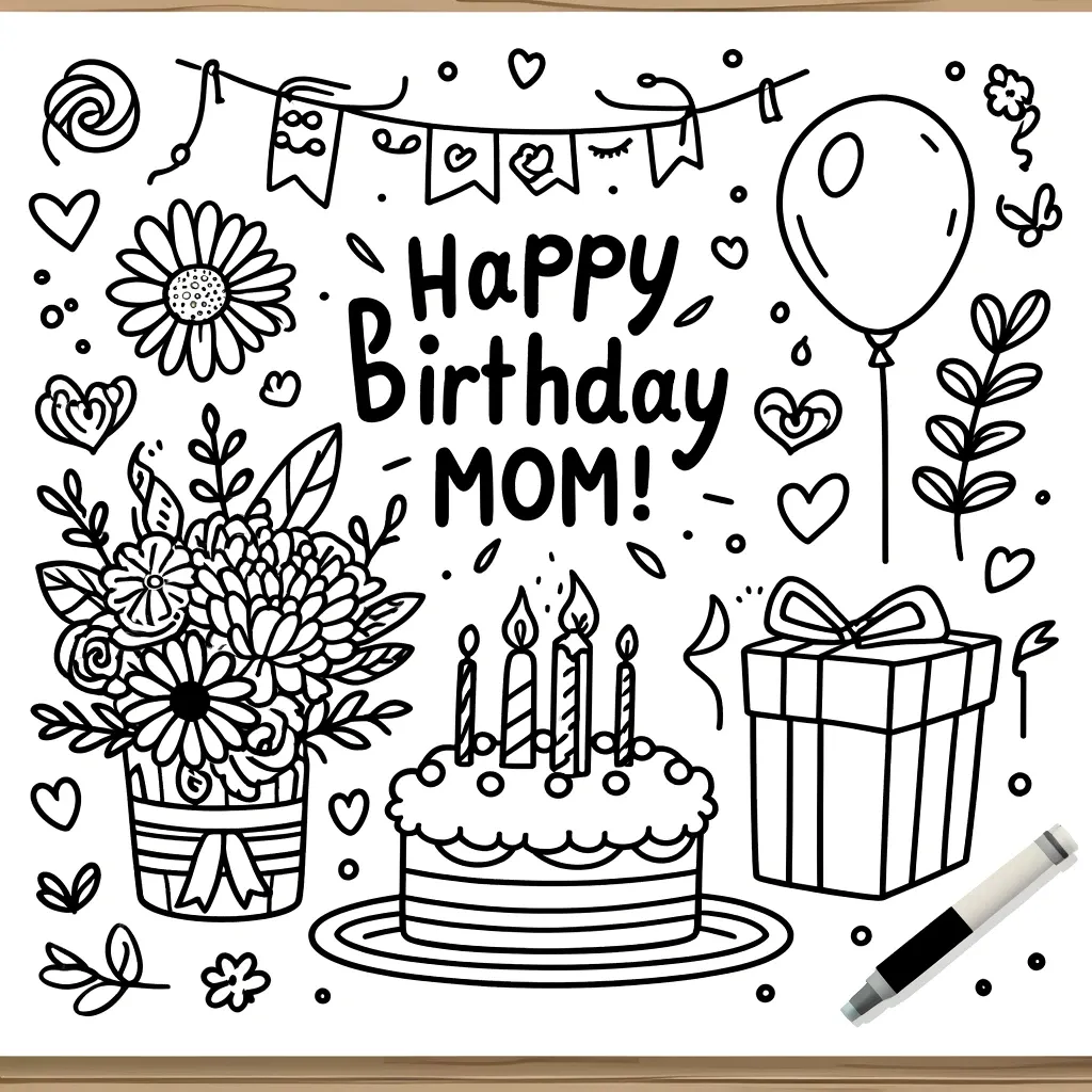 Happy Birthday Mom mit Torte und Blumenstrauss