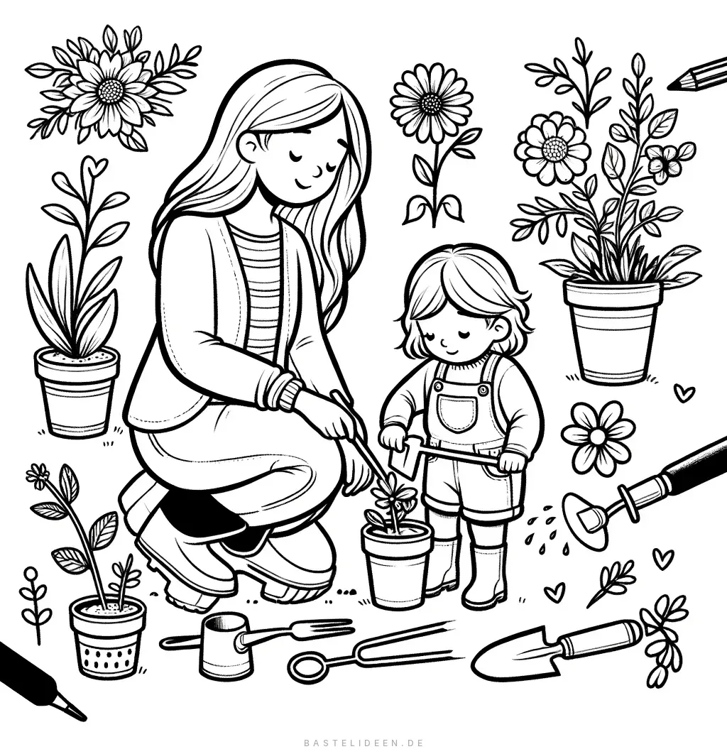 Mutter und Kind pflanzen gemeinsam Blumen im Garten