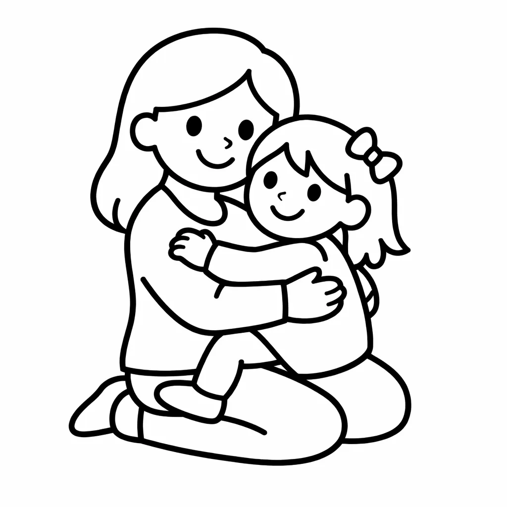 Mama kniet und umarmt liebevoll ihre Tochter mit Haarschleife