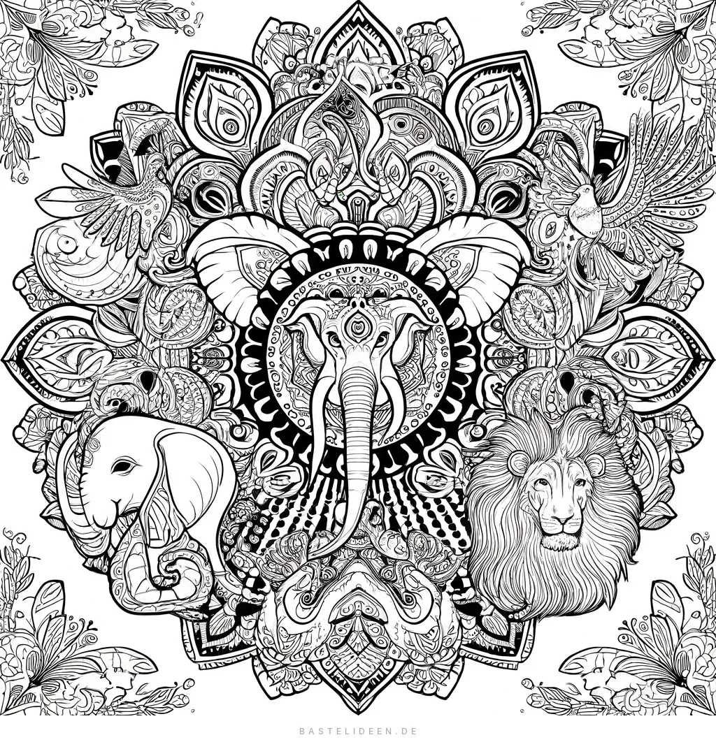 Mandala mit Elefant, Pfau und Löwe