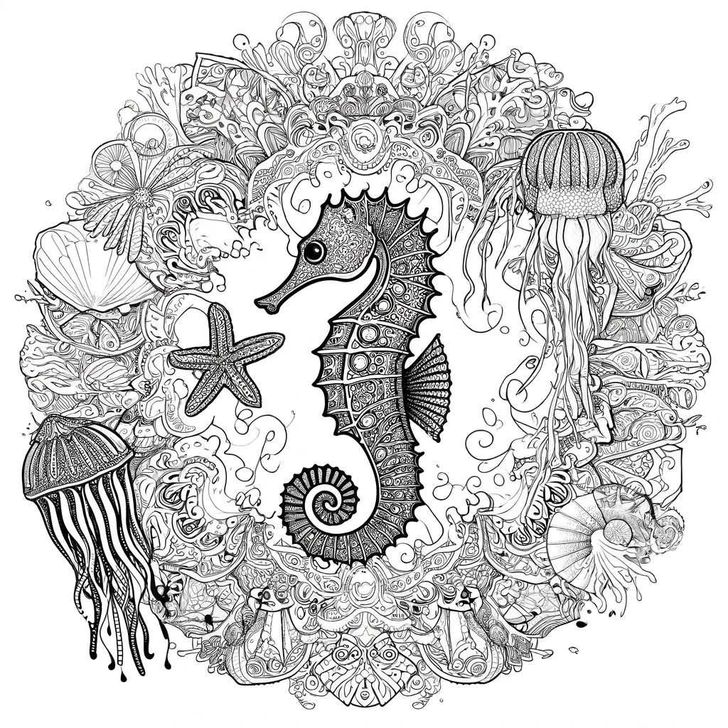 Mandala mit Seepferdchen, Qualle und Seestern