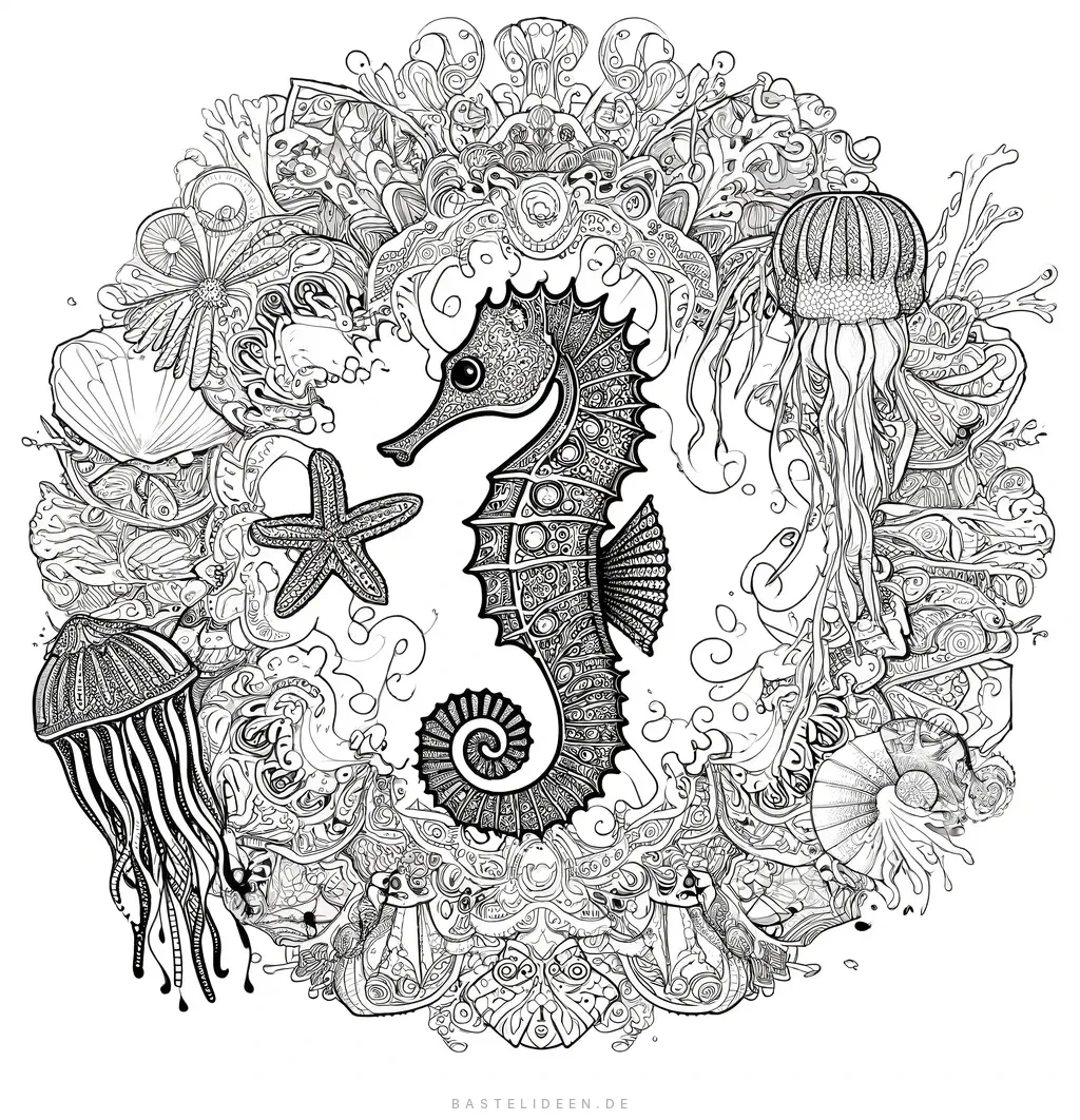 Mandala mit Seepferdchen, Qualle und Seestern