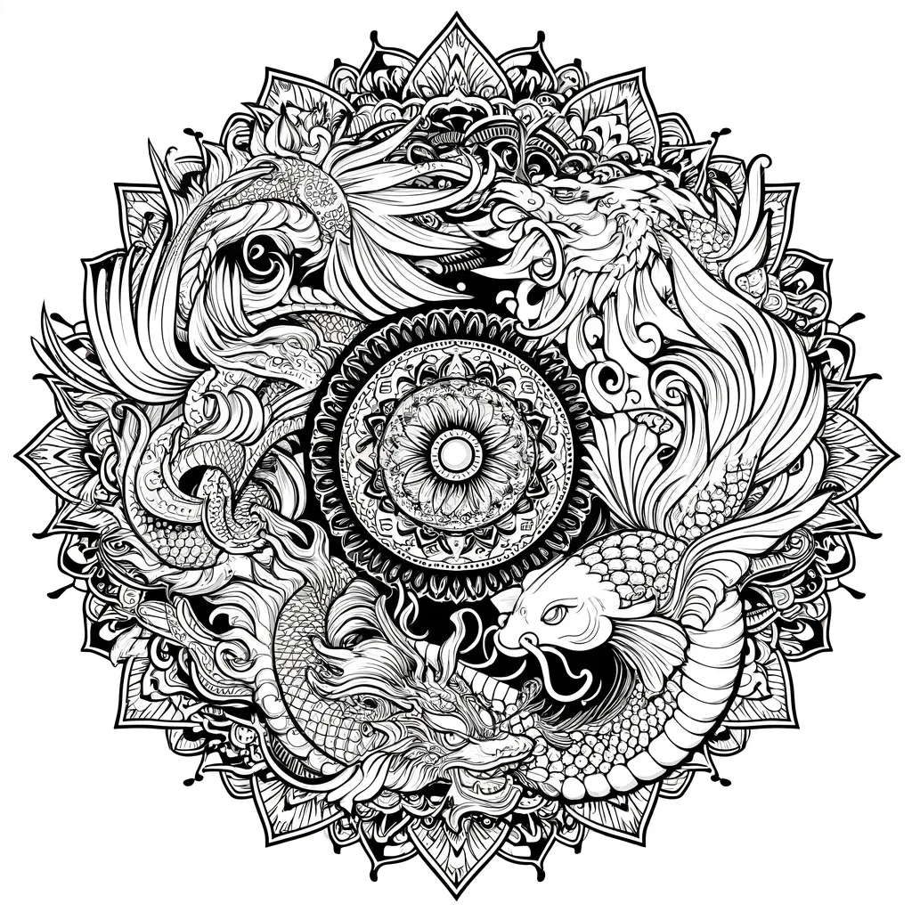 Mandala mit Drache, Koi-Fisch und Phönix