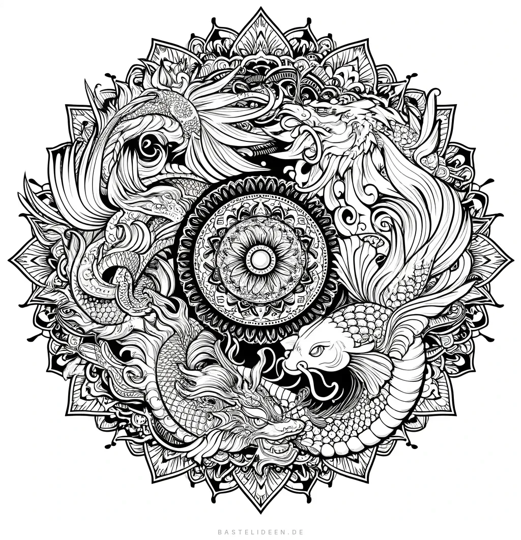 Mandala mit Drache, Koi-Fisch und Phönix