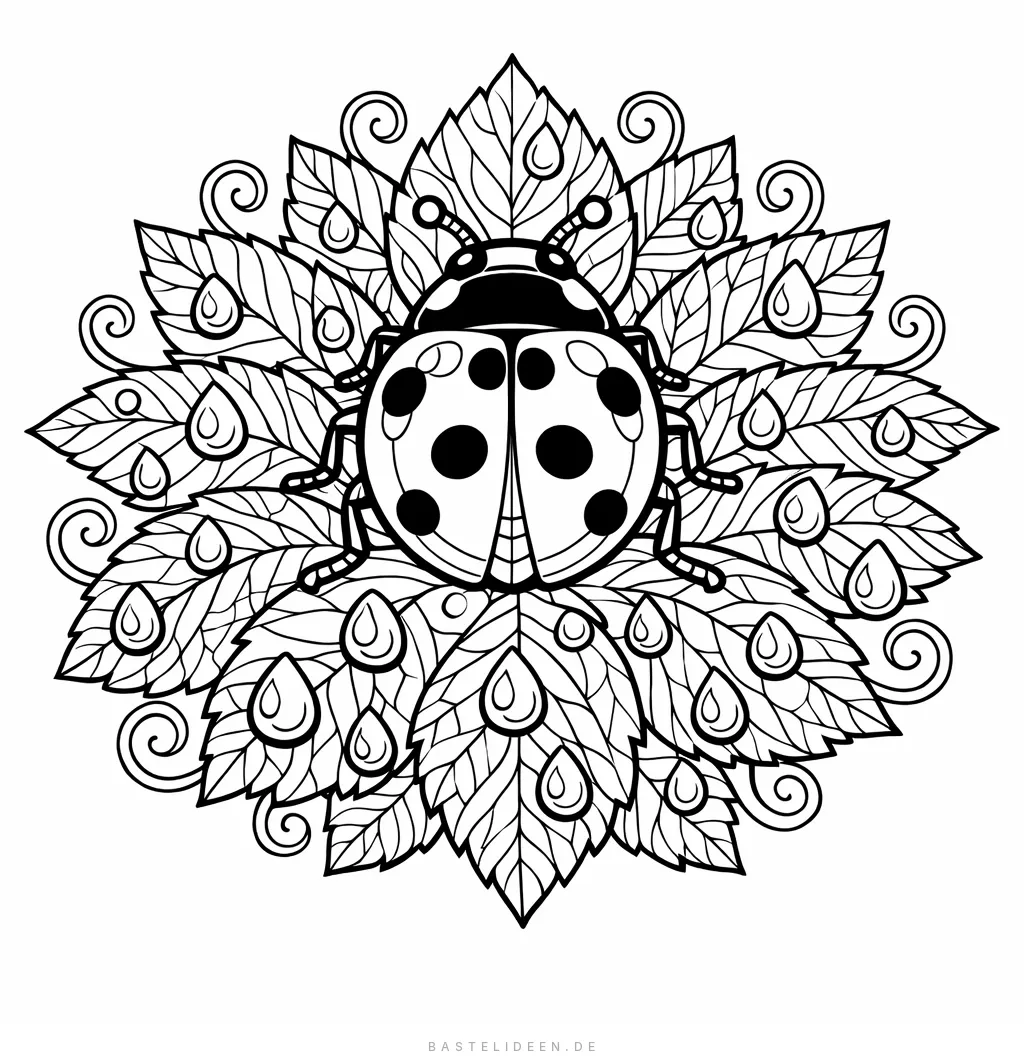Marienkäfer in der Mitte eines kunstvollen Mandala-Rahmens aus Blättern