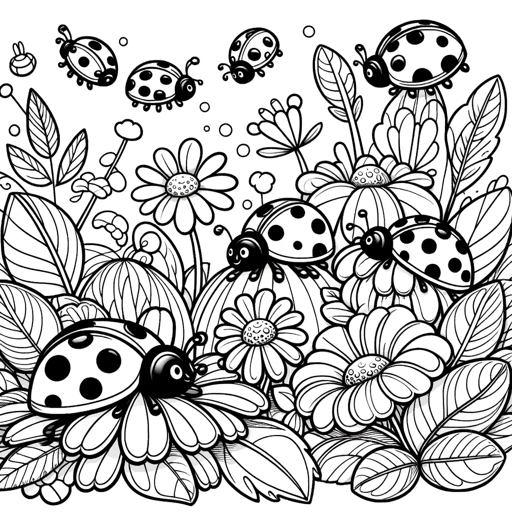 Gruppe von Marienkäfern tanzt unter blühenden Blumen