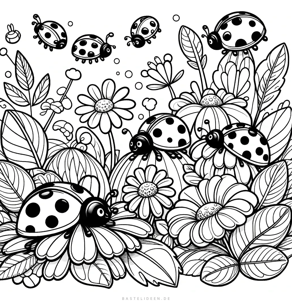 Gruppe von Marienkäfern tanzt unter blühenden Blumen