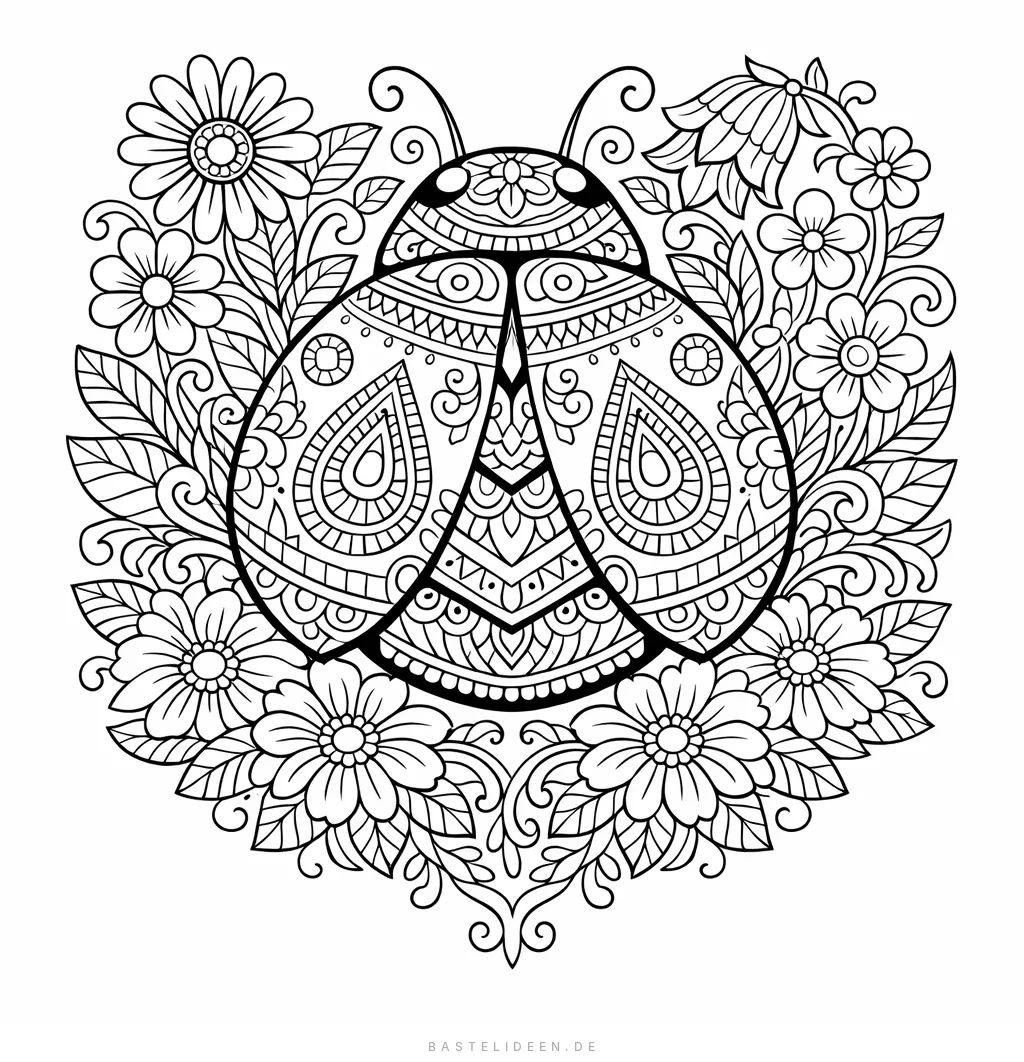 Kunstvoller Marienkäfer mit dekorativen Mustern umgeben von einem Blumenkranz