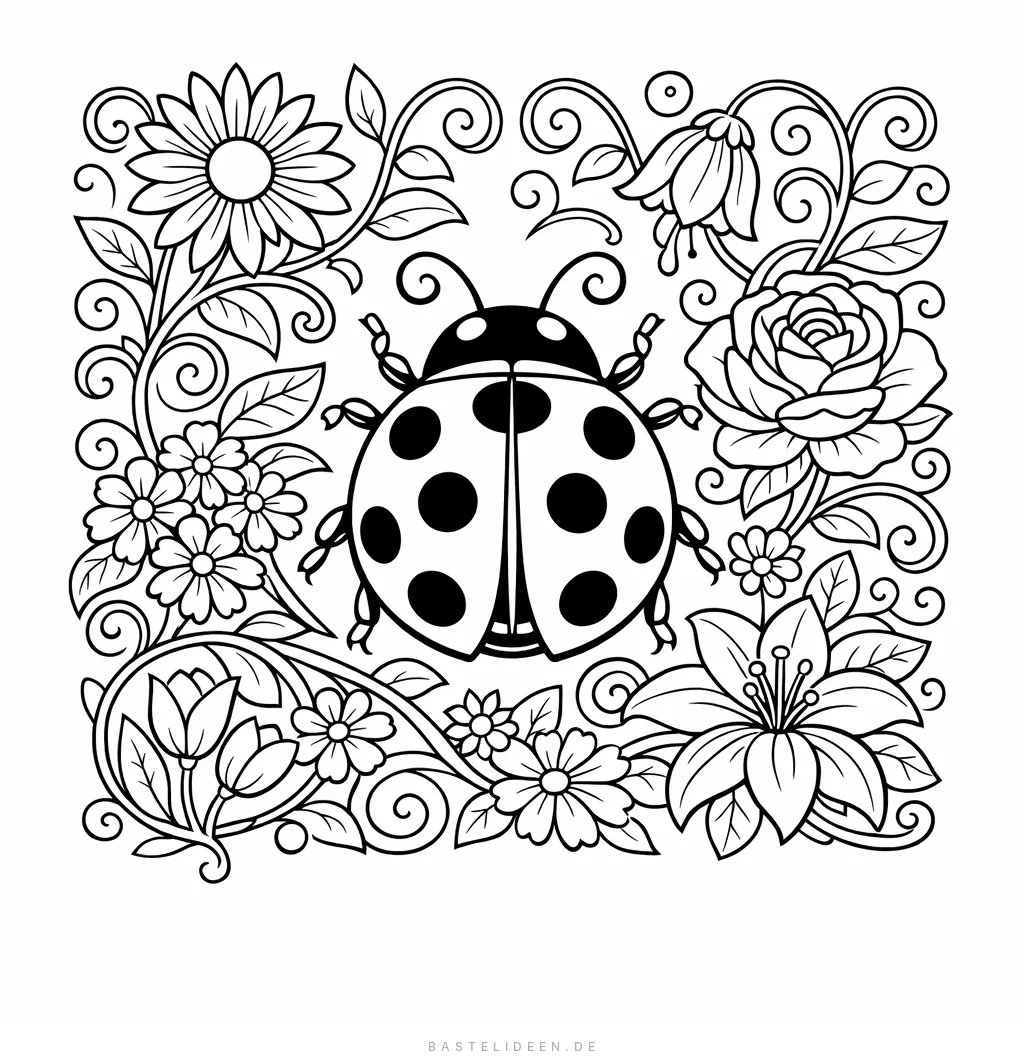 Marienkäfer umgeben von detaillierten Blumen und geschwungenen Ranken