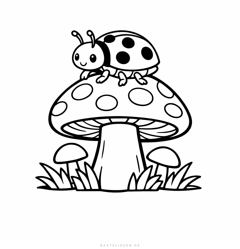 Niedlicher Marienkäfer sitzt auf einem großen gepunkteten Pilz im Gras