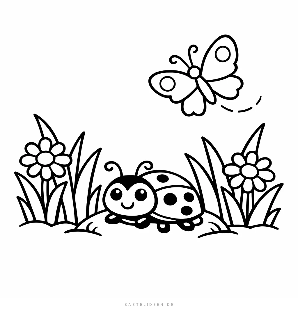 Fröhlicher Marienkäfer im Gras mit einem Schmetterling und Blumen