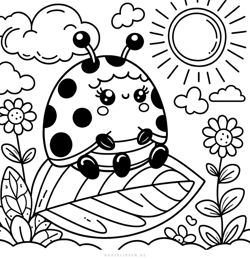 Verspielter Marienkäfer unter Blumen und Wolken
