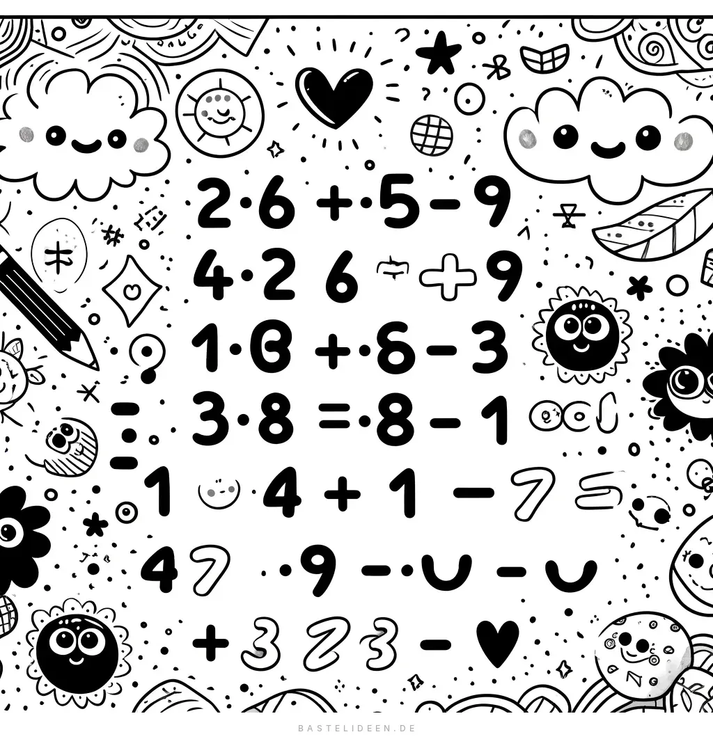Matheaufgaben mit lächelnden Wolken und Sonnen