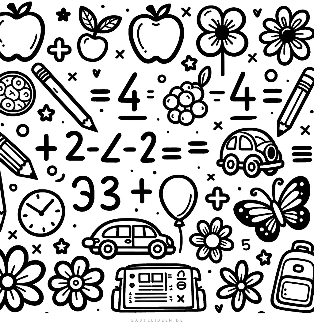 Additions- und Subtraktionsaufgaben mit Äpfeln und Blumen