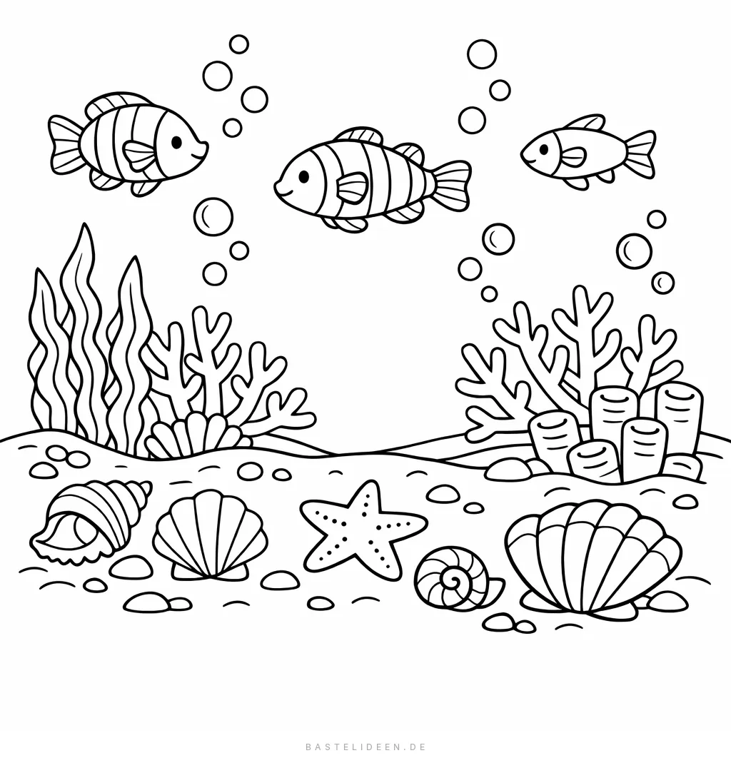 Fisch mit Muscheln und Seesternen am Meeresboden