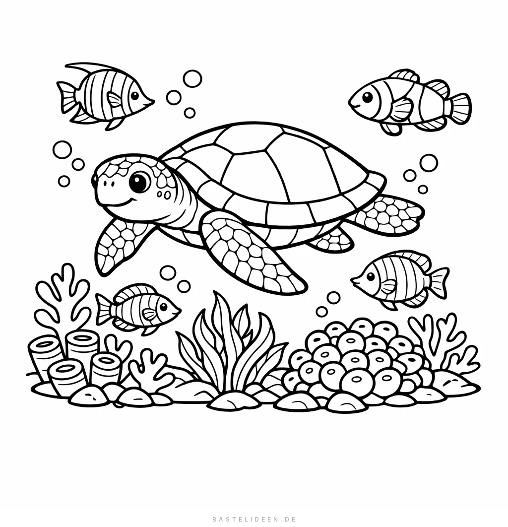 Meeresschildkröte schwimmt mit tropischen Fischen über Korallen