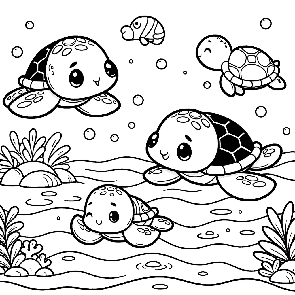 Vier kleine Schildkröten schwimmen zwischen Blasen und Wasserpflanzen