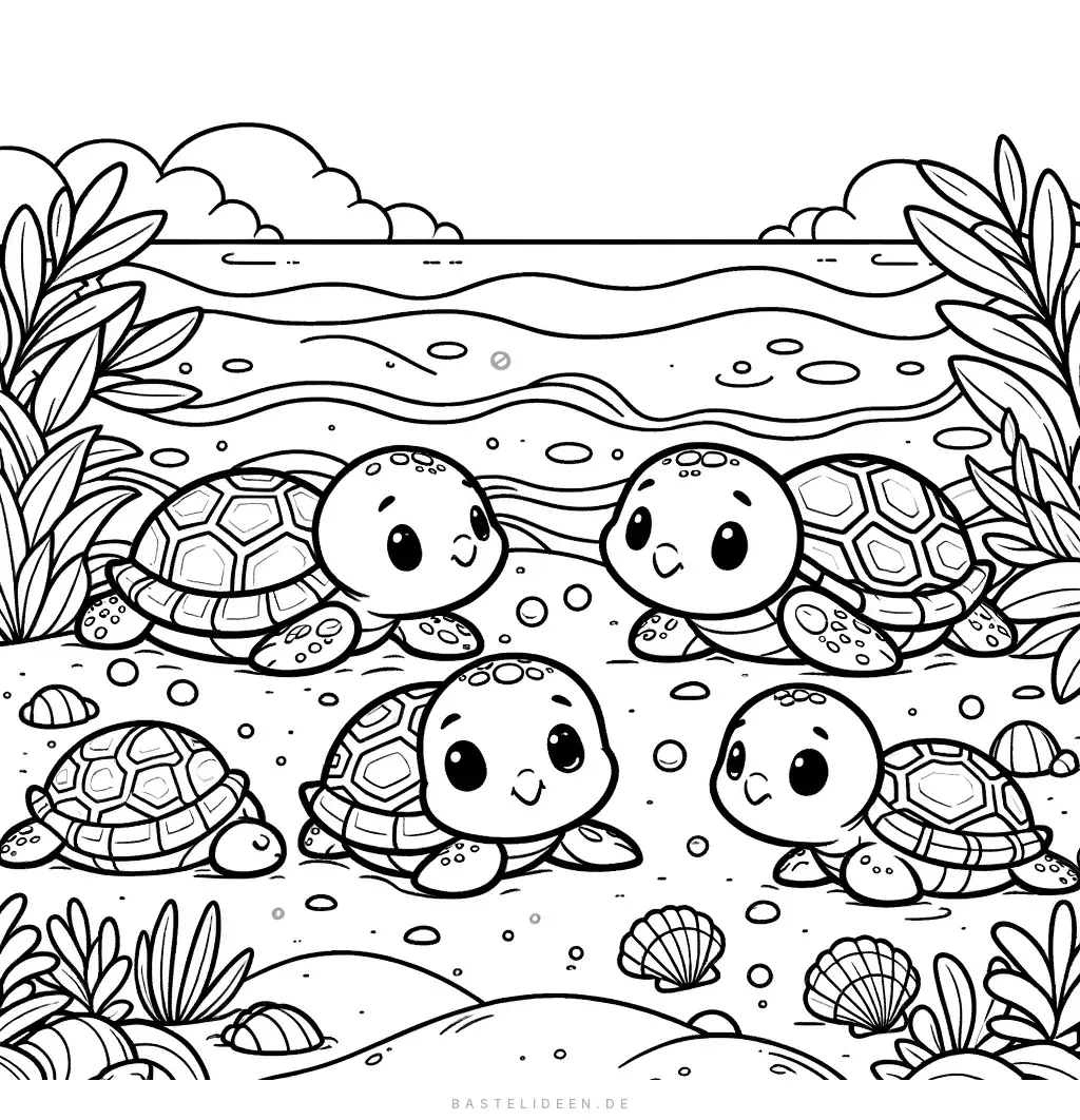 Fünf Schildkröten am Strand mit Muscheln, Wellen und Wolken