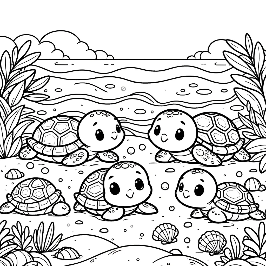 Fünf Schildkröten am Strand mit Muscheln, Wellen und Wolken