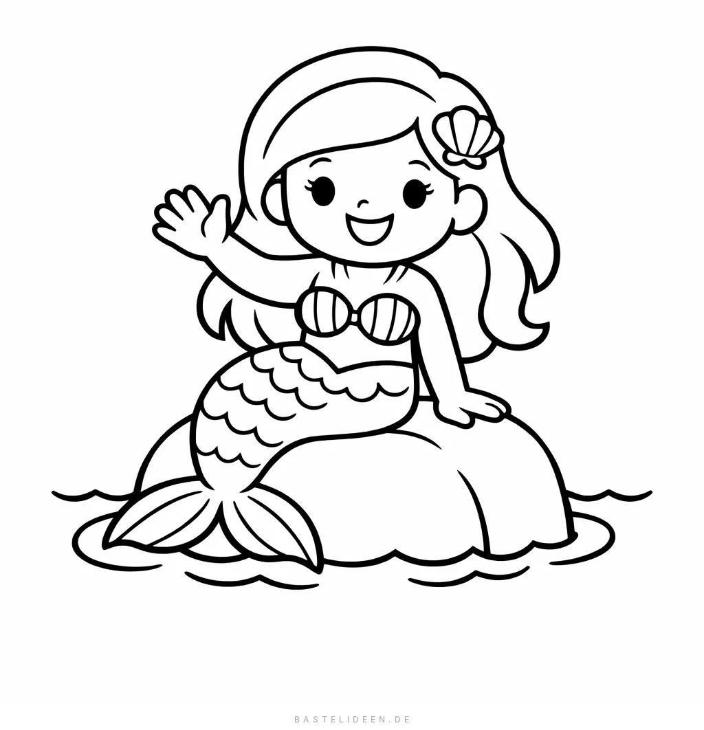 Meerjungfrau sitzt auf Felsen und winkt