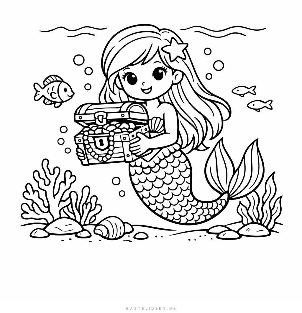 Meerjungfrau hält eine Schatztruhe unter Wasser