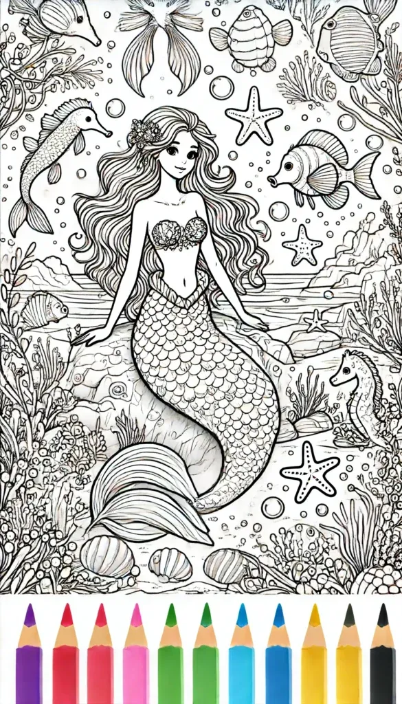 Meerjungfrau in detaillierter Unterwasserwelt