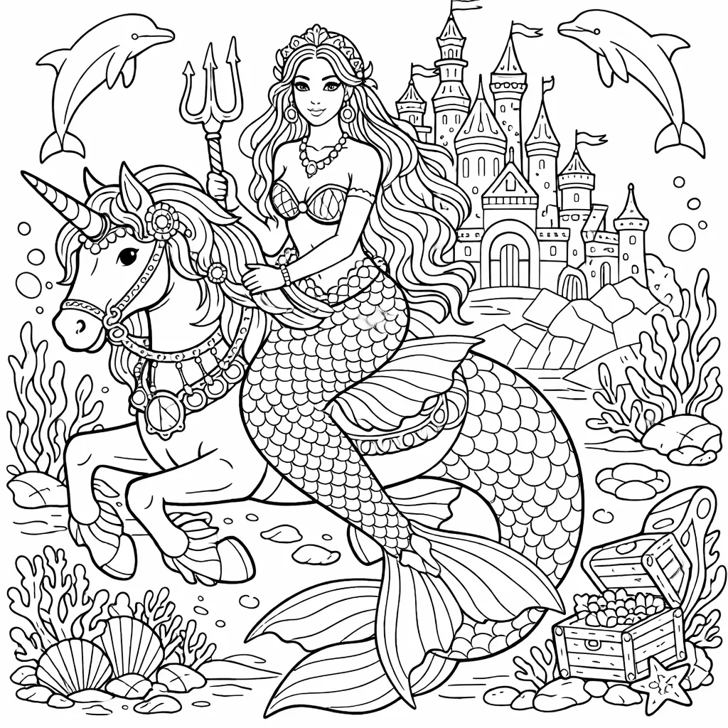 Meerjungfrau mit Dreizack reitet ein Unterwassereinhorn vor Meeresschloss mit Delfinen und Schatztruhe