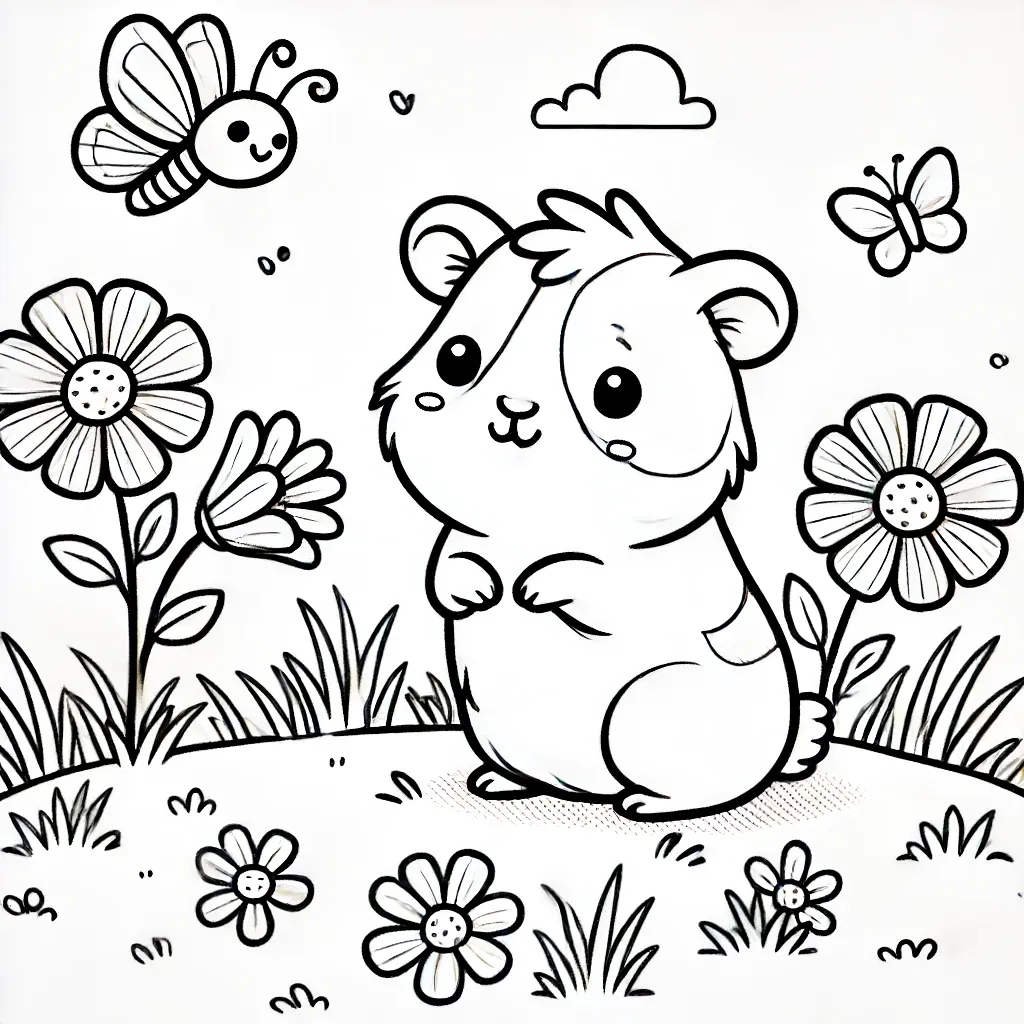 Meerschweinchen sitzt im Blumenfeld mit Schmetterlingen