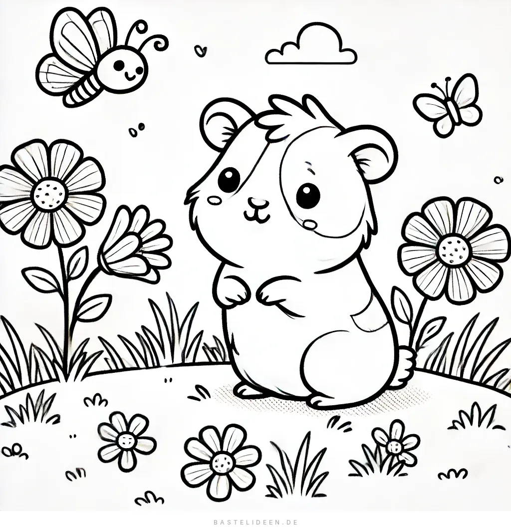 Meerschweinchen sitzt im Blumenfeld mit Schmetterlingen