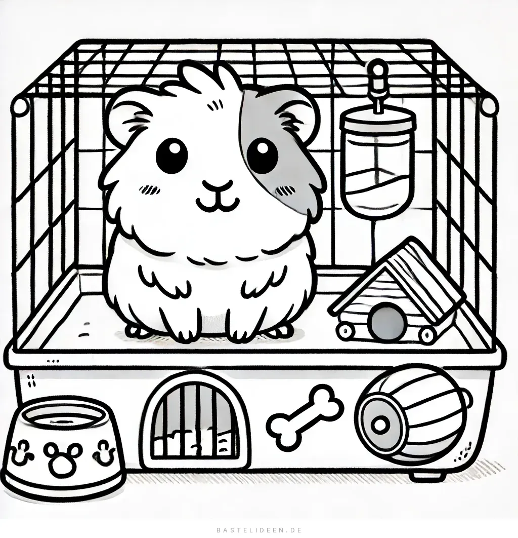 Glückliches Meerschweinchen in einem ausgestatteten Käfig