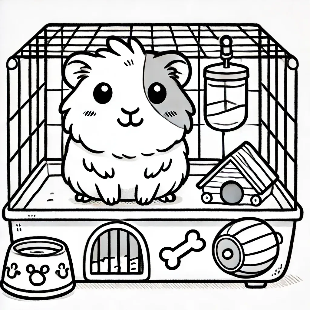 Glückliches Meerschweinchen in einem ausgestatteten Käfig