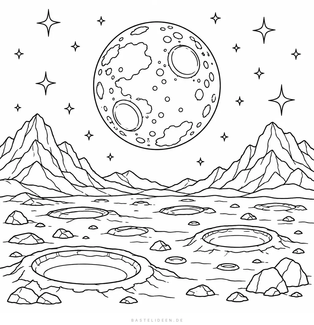 Kraterlandschaft mit Bergen unter einem großen Mond und Sternen