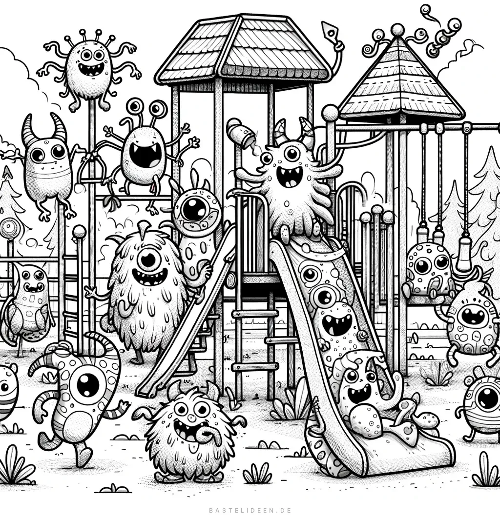 Gruppe von Monstern auf einem Spielplatz mit Rutsche