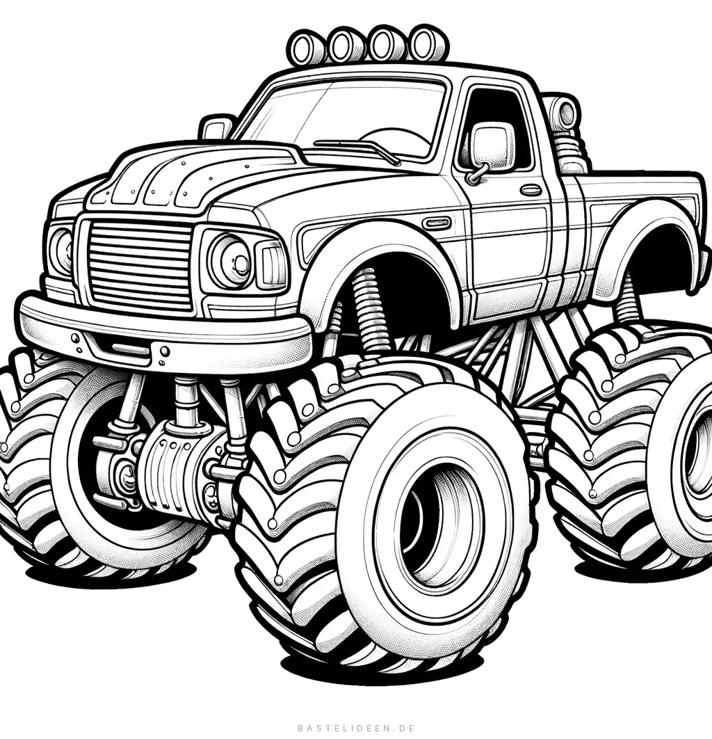 Kraftvoller Monstertruck mit riesigen Reifen und Scheinwerfern auf dem Dach