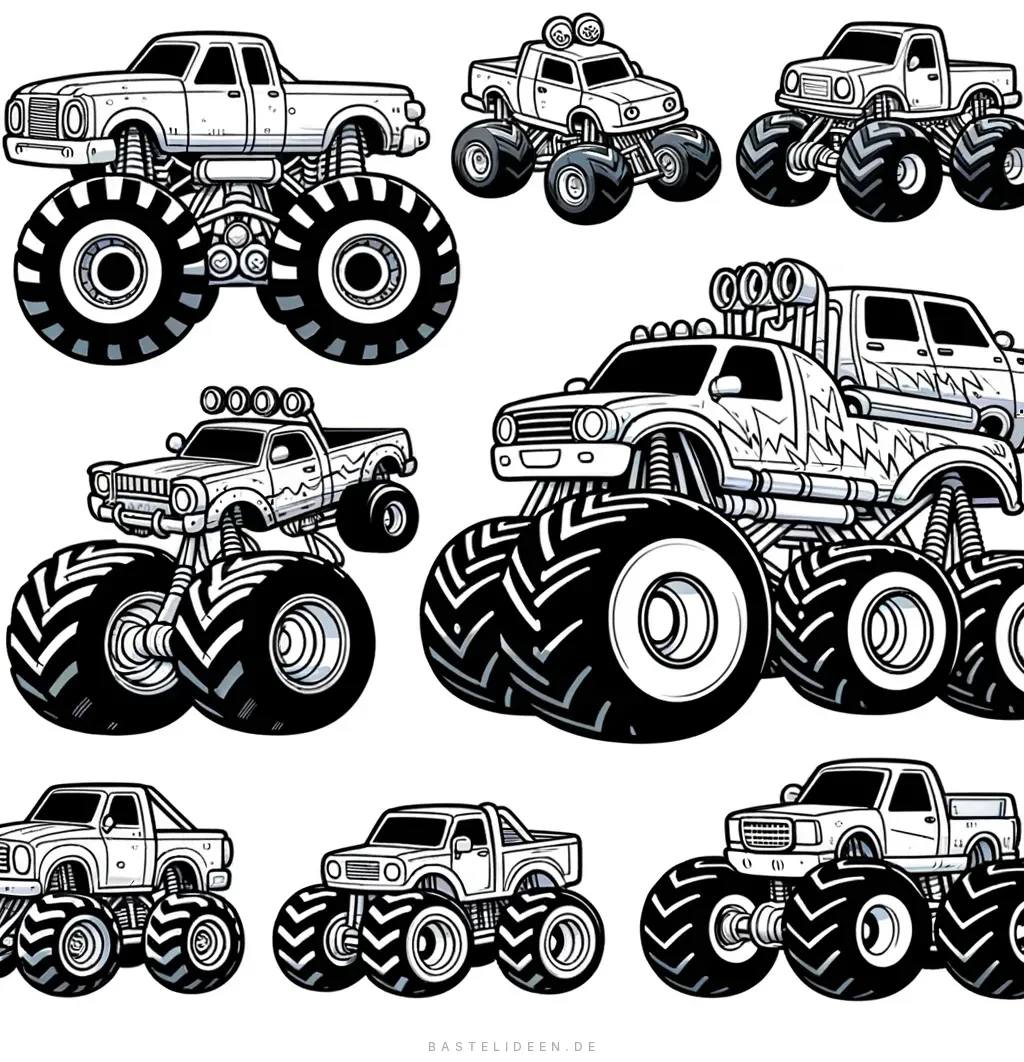 Sammlung verschiedener Monstertrucks in unterschiedlichen Posen und Designs