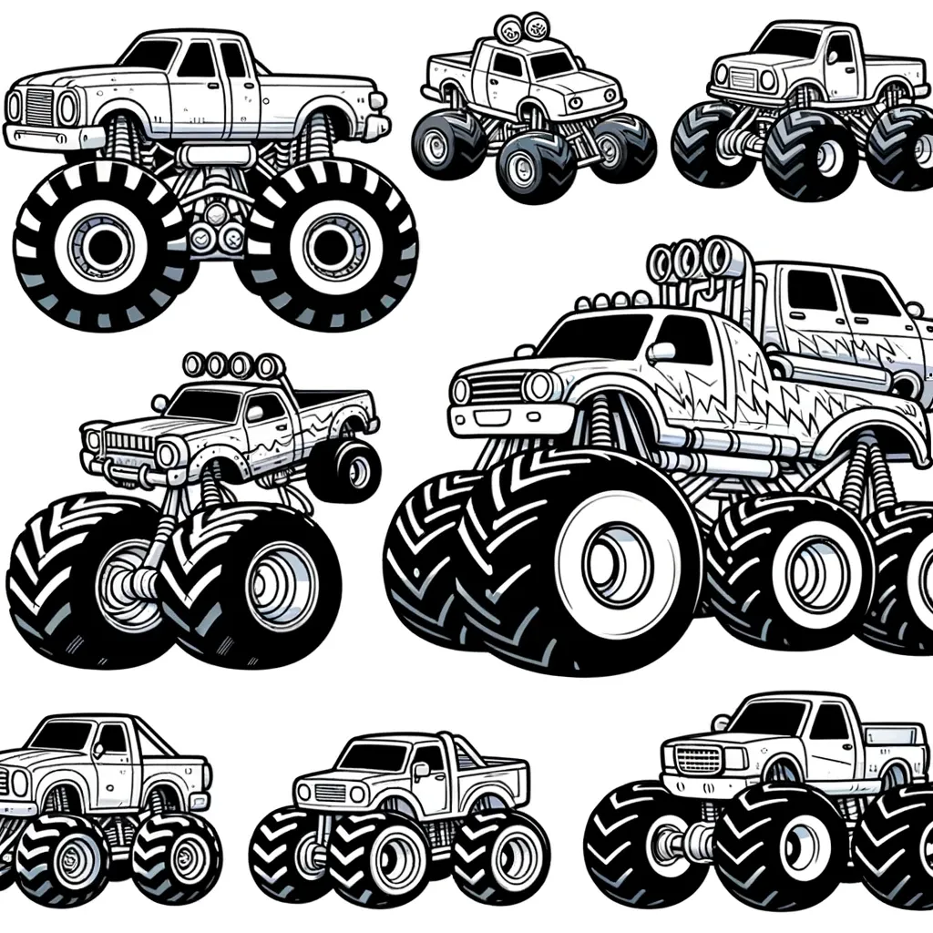 Sammlung verschiedener Monstertrucks in unterschiedlichen Posen und Designs