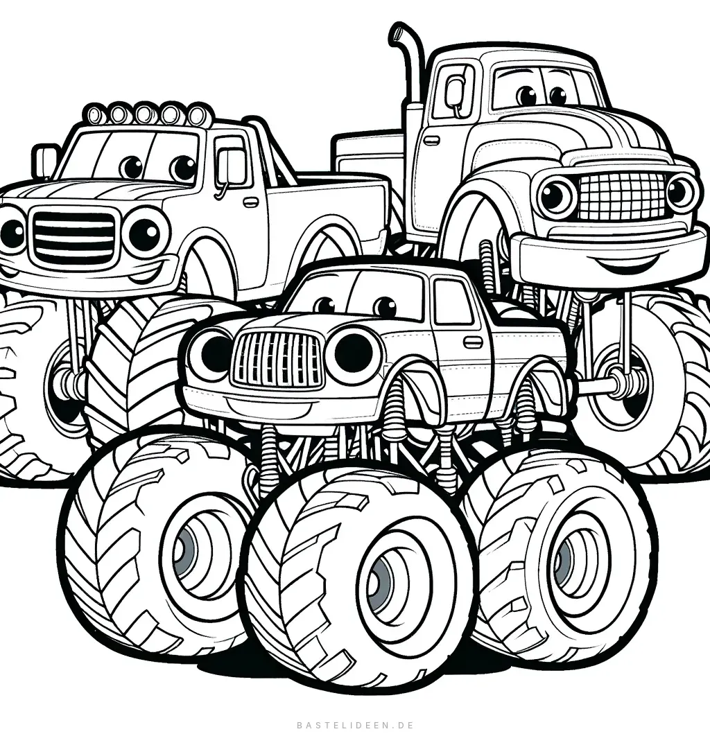 Drei lustige Cartoon-Monstertrucks mit Gesichtern nebeneinander