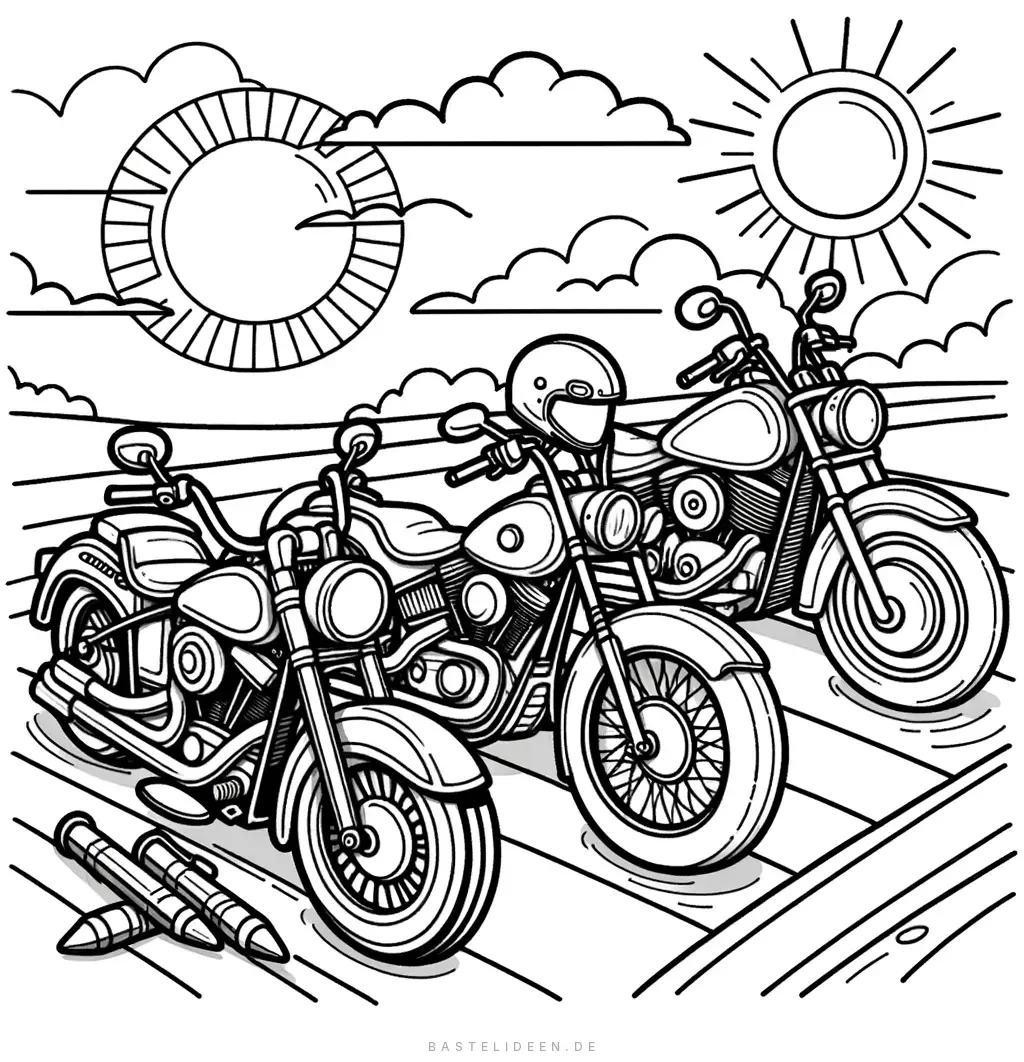 Zwei Vintage-Motorrader geparkt mit Sonne und Wolken