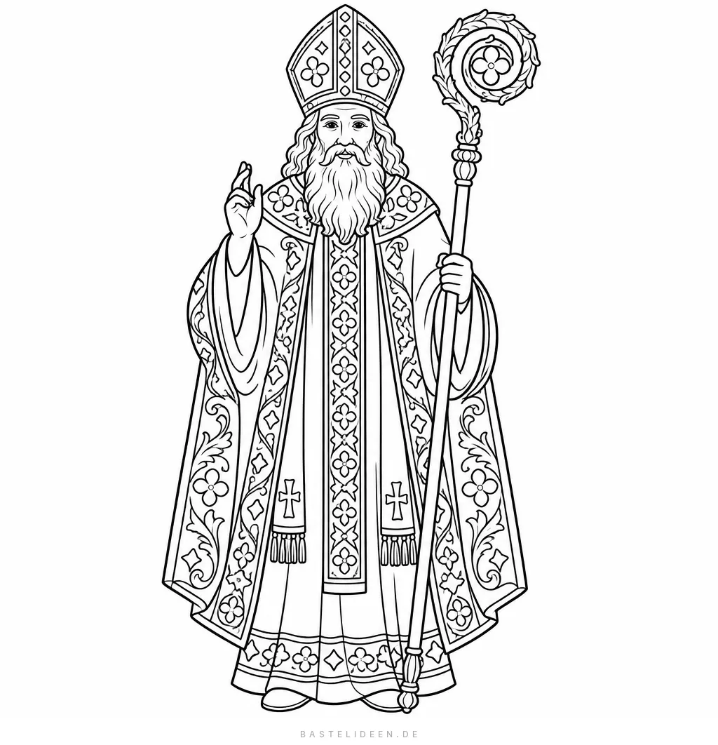 Bischof Nikolaus mit reich verziertem Gewand, Mitra und Stab