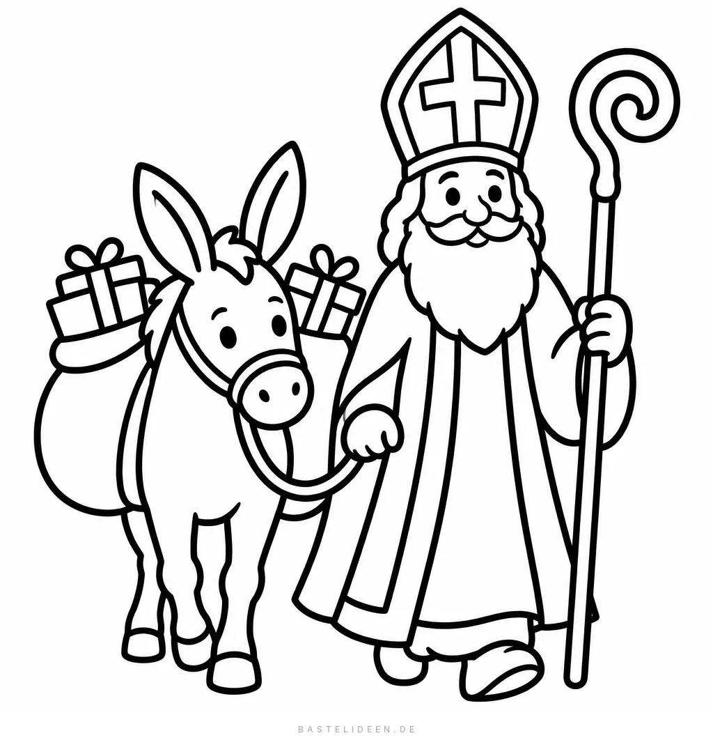 Nikolaus führt einen Esel mit Geschenksäcken