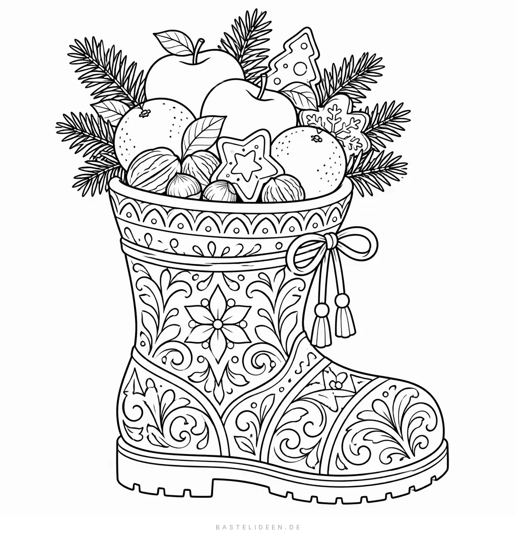 Verzierter Stiefel mit Äpfeln, Orangen, Nüssen, Plätzchen und Tannenzweigen