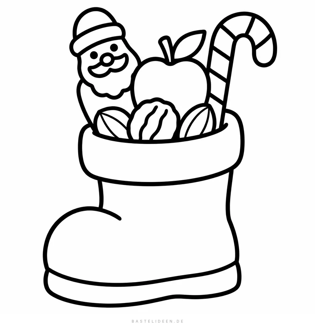 Stiefel gefüllt mit Schokoladen-Nikolaus, Apfel, Nüssen und Zuckerstange