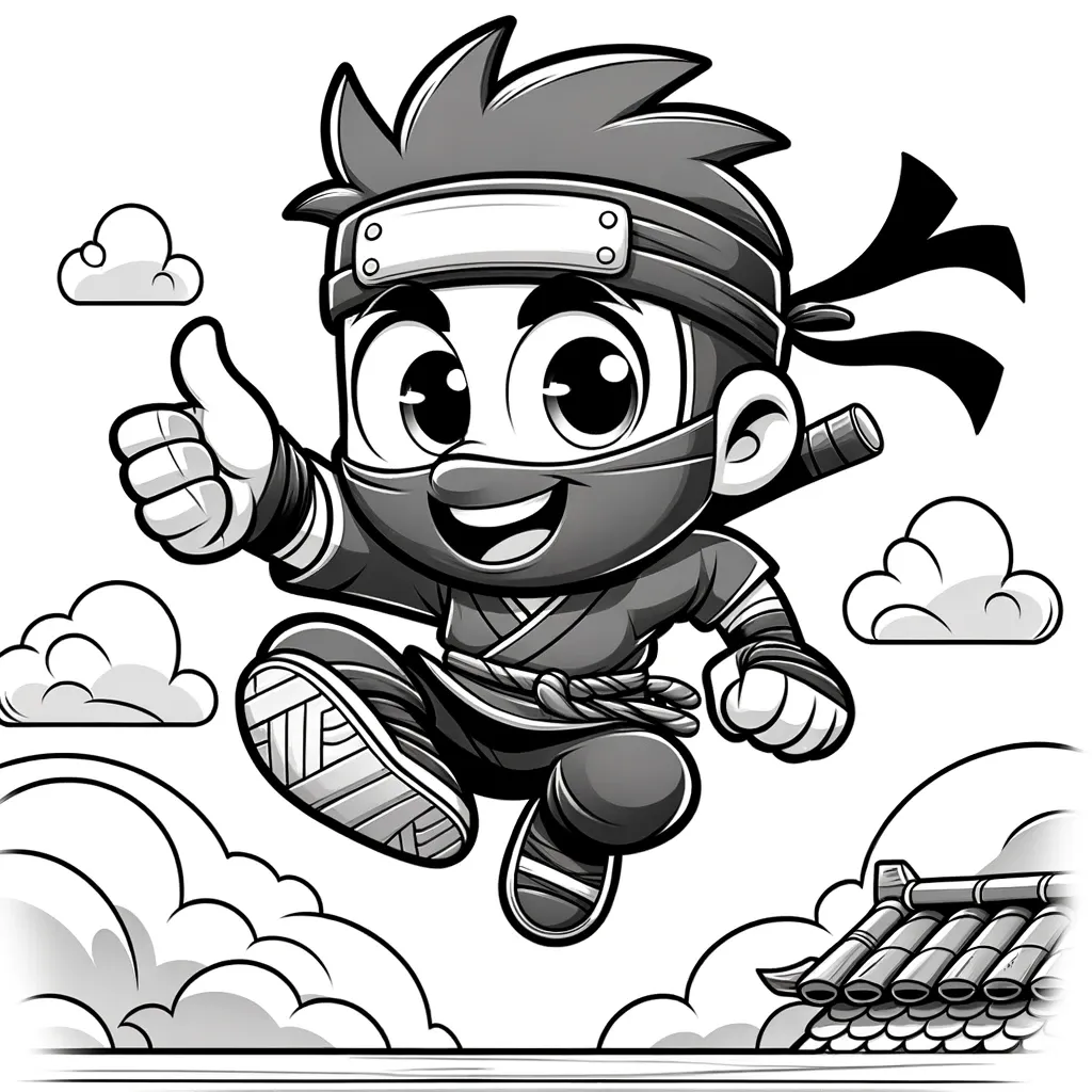 Fröhlicher Ninja springt durch Wolken mit Daumen hoch