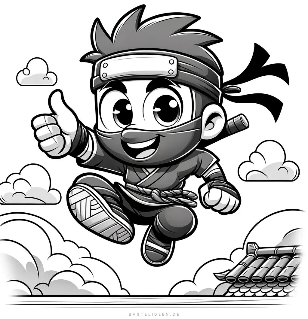 Fröhlicher Ninja springt durch Wolken mit Daumen hoch