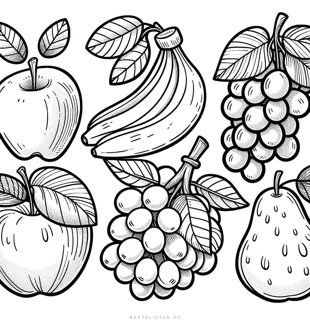 Äpfel, Bananen, Trauben und Birne