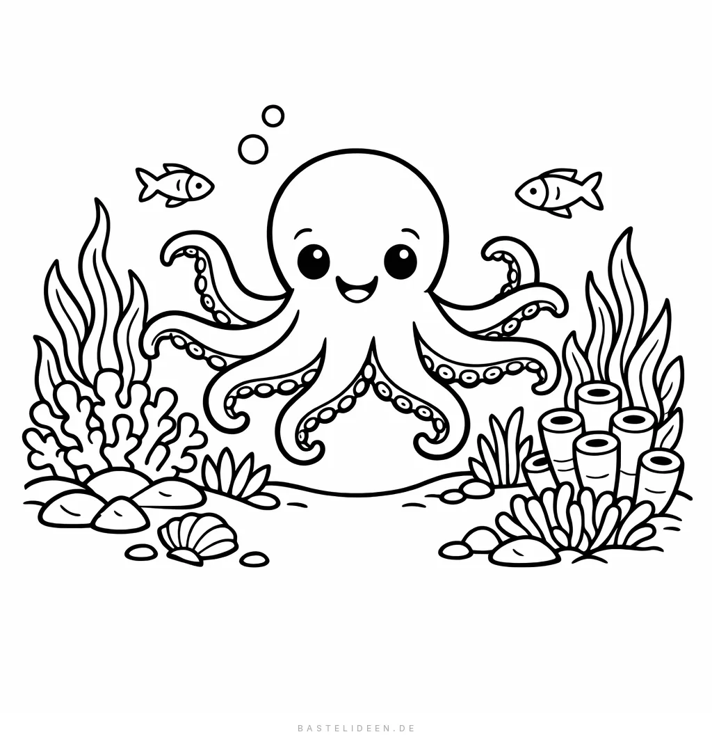 Oktopus schwimmt zwischen Korallen und Algen