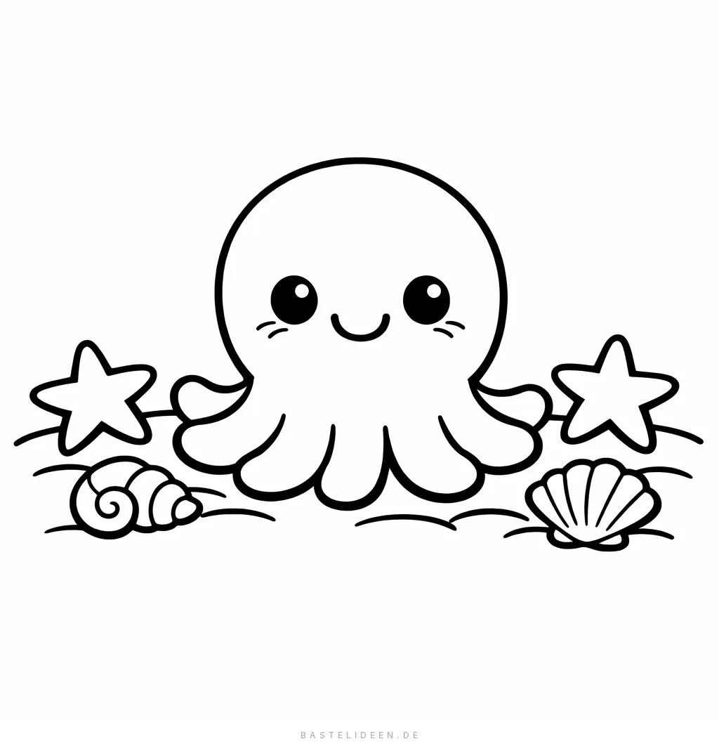 Niedlicher Oktopus mit Seesternen und Muscheln am Meeresboden